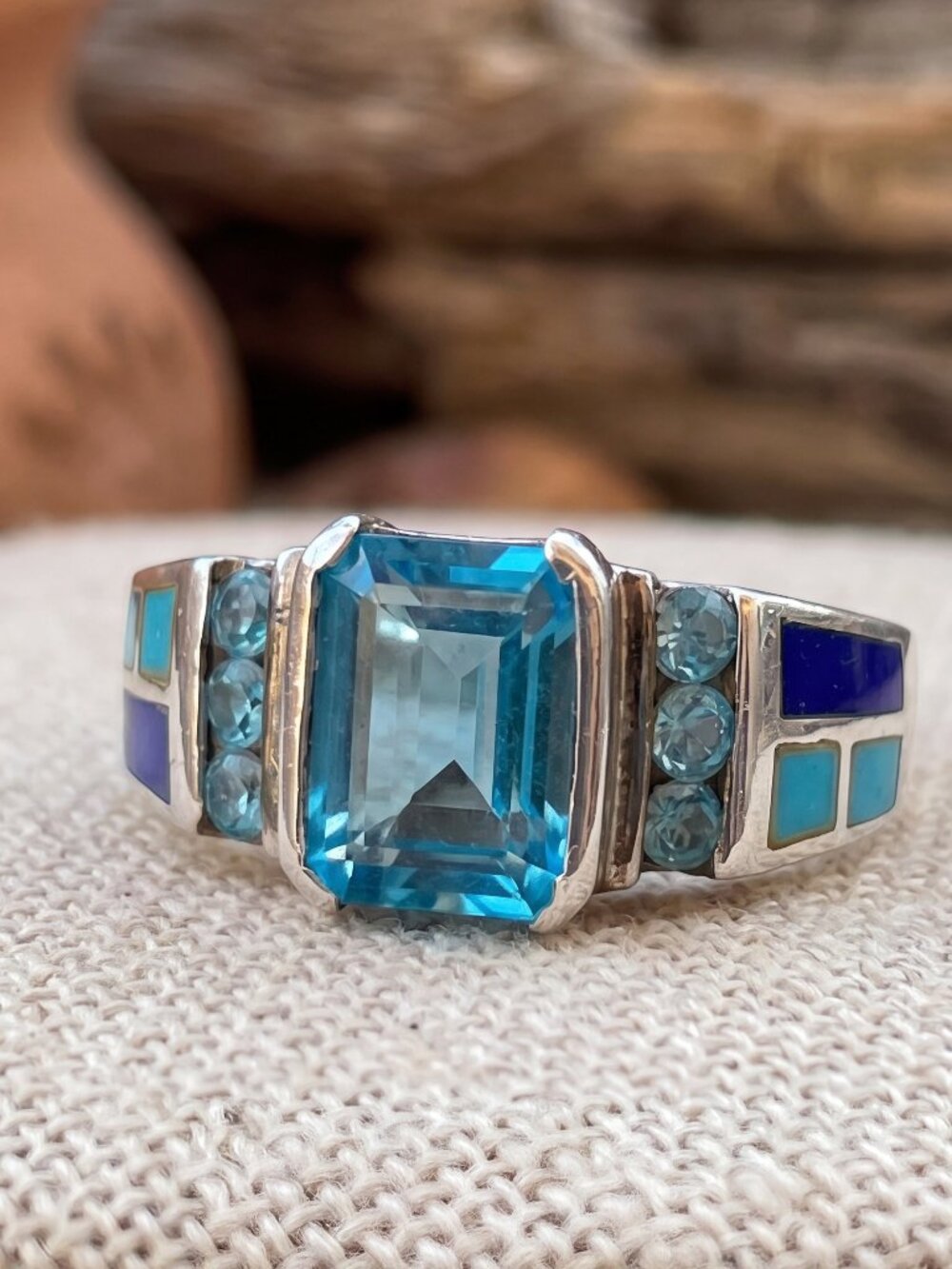 Vintage 925 Sterling Silver Turquoise Lapis Inlay Ring Size 5 - Picture 8 of 16